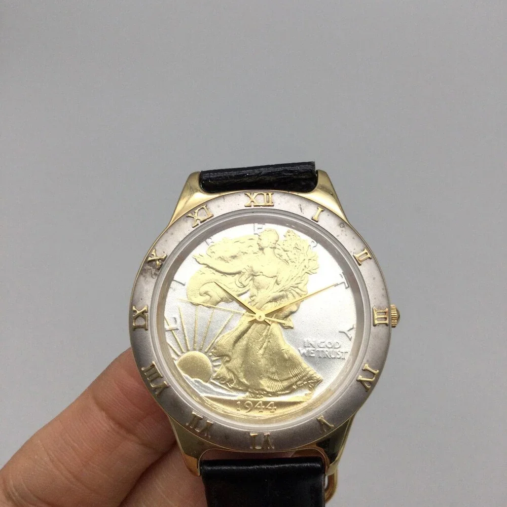 Mens Watch 39mm Walking Liberty Coin Dial 14K Gold Plated Leather New Battery